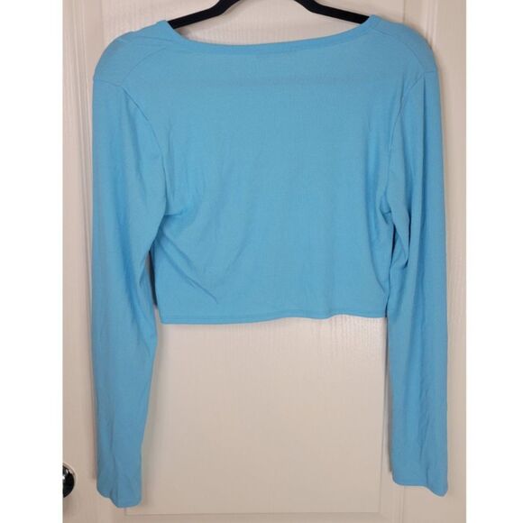 Zara Blue Ribbed Knit Ruched Button Cardigan Crop Top Shirt - Picture 2 of 3